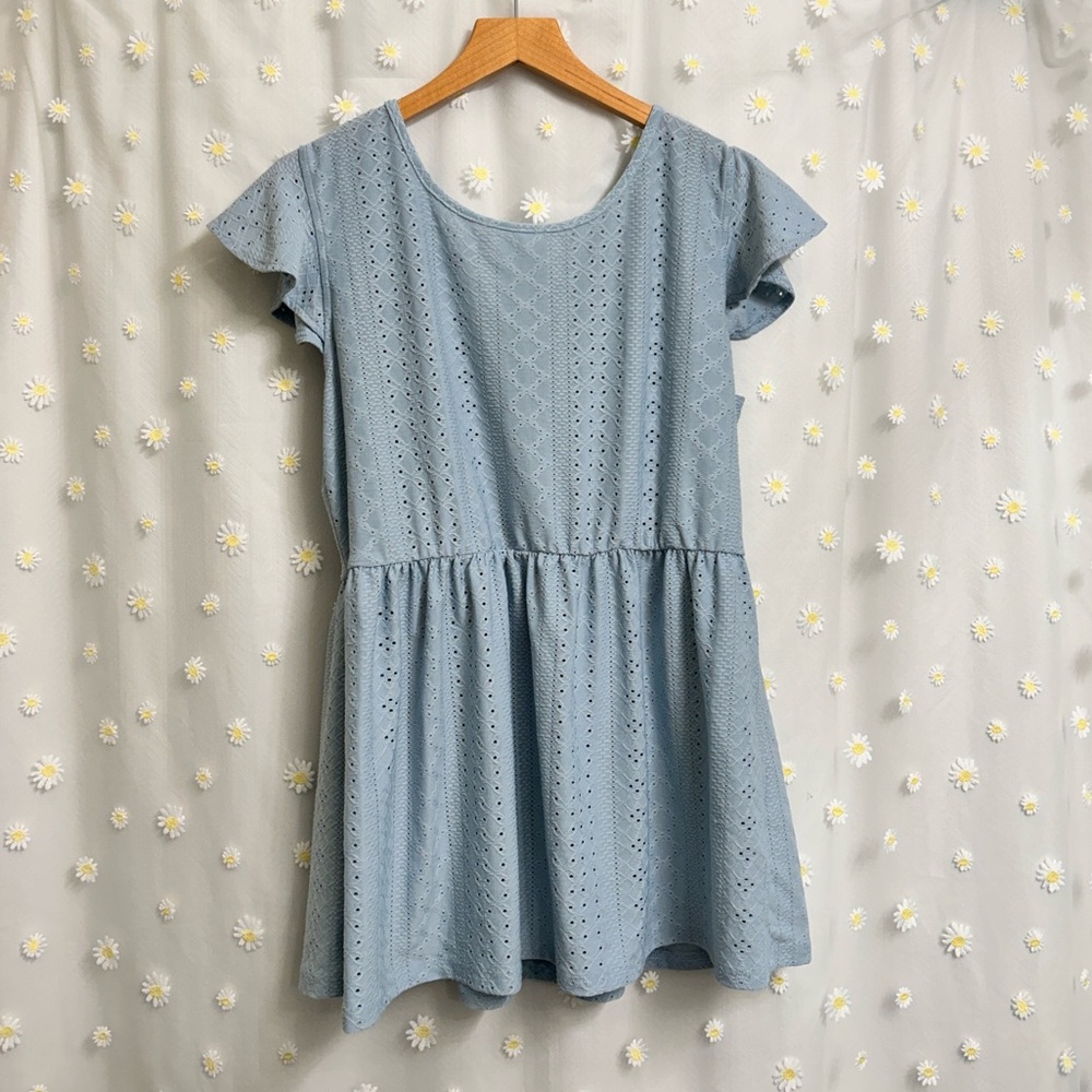 Blue Flutter Sleeve Scoop Neck Blouse with tie back